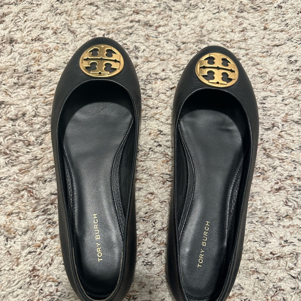 Tory Burch Black Flats with Gold Emblem
